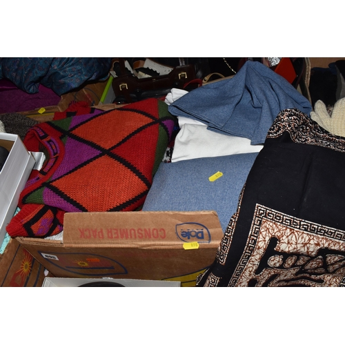 898 - SIX BOXES AND LOOSE WOMEN'S CLOTHES AND ACCESSORIES to include assorted woolly jumpers, a blue Radle... 