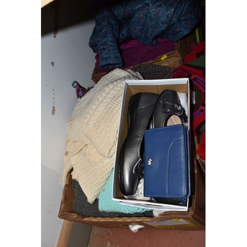 898 - SIX BOXES AND LOOSE WOMEN'S CLOTHES AND ACCESSORIES to include assorted woolly jumpers, a blue Radle... 