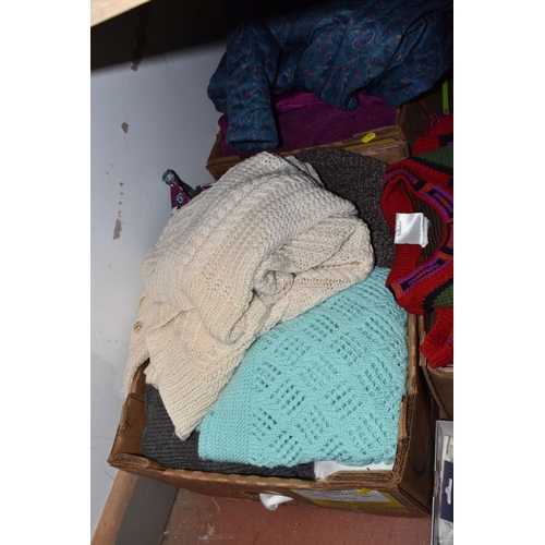 898 - SIX BOXES AND LOOSE WOMEN'S CLOTHES AND ACCESSORIES to include assorted woolly jumpers, a blue Radle... 