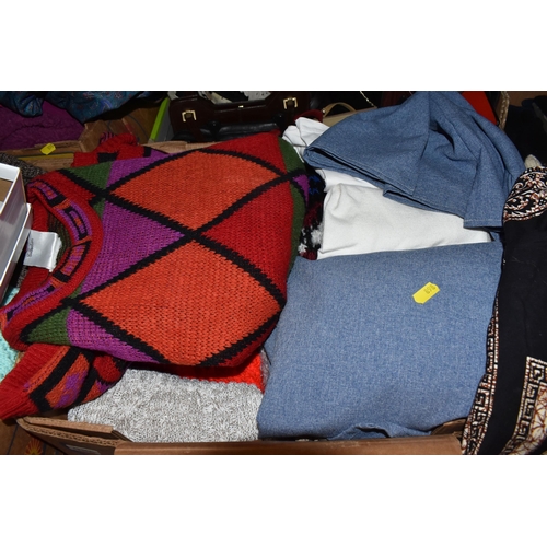 898 - SIX BOXES AND LOOSE WOMEN'S CLOTHES AND ACCESSORIES to include assorted woolly jumpers, a blue Radle... 