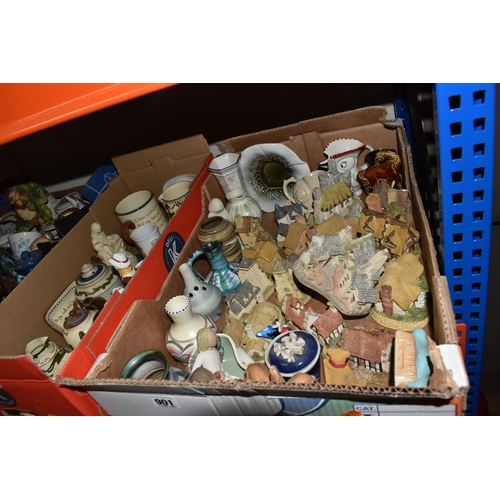 901 - FIVE BOXES OF ORNAMENTS AND CERAMICS, to include a collection of Watcombe Pottery Devon-Motto-Ware, ... 