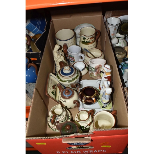 901 - FIVE BOXES OF ORNAMENTS AND CERAMICS, to include a collection of Watcombe Pottery Devon-Motto-Ware, ... 