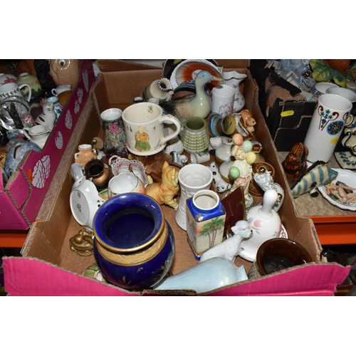 901 - FIVE BOXES OF ORNAMENTS AND CERAMICS, to include a collection of Watcombe Pottery Devon-Motto-Ware, ... 