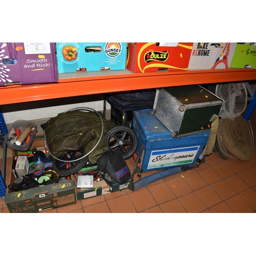 903 - TWO BOXES AND LOOSE FISHING TACKLE AND EQUIPMENT, to include a large quantity of vintage keep nets, ... 