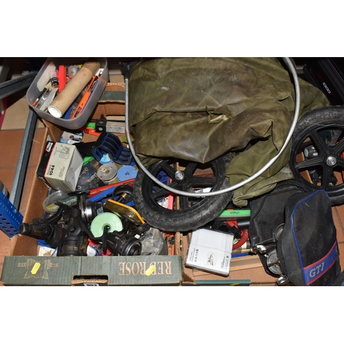 903 - TWO BOXES AND LOOSE FISHING TACKLE AND EQUIPMENT, to include a large quantity of vintage keep nets, ... 