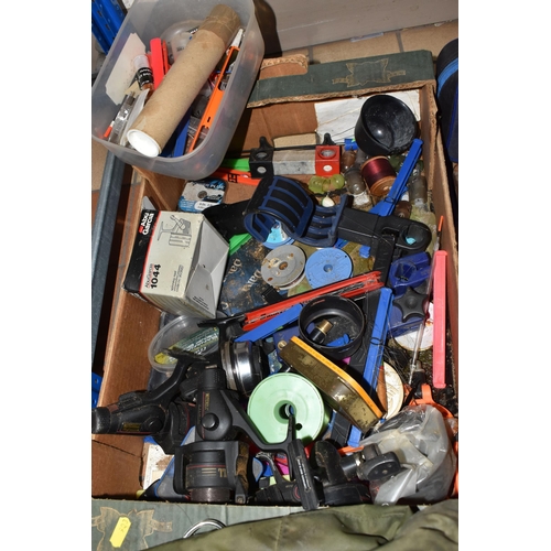 903 - TWO BOXES AND LOOSE FISHING TACKLE AND EQUIPMENT, to include a large quantity of vintage keep nets, ... 