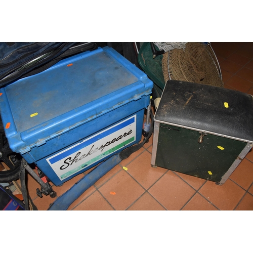 903 - TWO BOXES AND LOOSE FISHING TACKLE AND EQUIPMENT, to include a large quantity of vintage keep nets, ... 