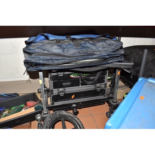 903 - TWO BOXES AND LOOSE FISHING TACKLE AND EQUIPMENT, to include a large quantity of vintage keep nets, ... 