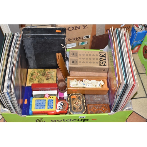 922 - A BOX, A CASE AND LOOSE GAMES, RECORDS, CHAIR AND SUNDRY ITEMS, to include a bent wood style child's... 