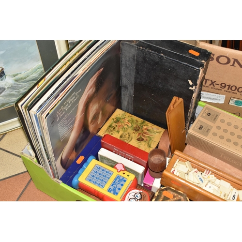 922 - A BOX, A CASE AND LOOSE GAMES, RECORDS, CHAIR AND SUNDRY ITEMS, to include a bent wood style child's... 