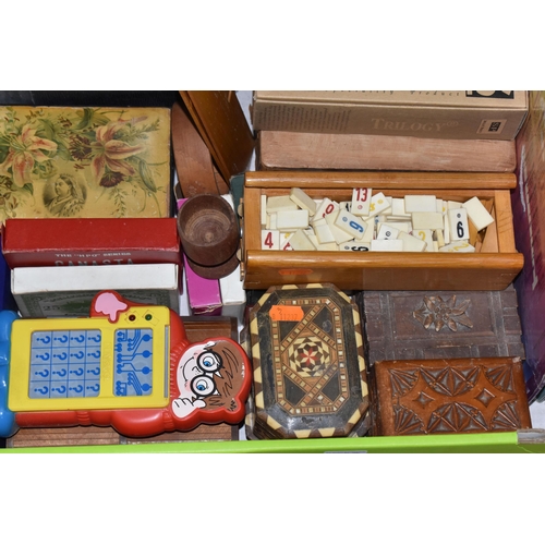 922 - A BOX, A CASE AND LOOSE GAMES, RECORDS, CHAIR AND SUNDRY ITEMS, to include a bent wood style child's... 