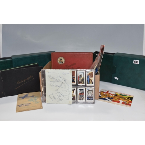 930 - A BOX AND LOOSE CIGARETTE CARDS AND OTHER EPHEMERA, to include cigarette cards loose in two albums, ... 