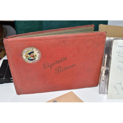 930 - A BOX AND LOOSE CIGARETTE CARDS AND OTHER EPHEMERA, to include cigarette cards loose in two albums, ... 