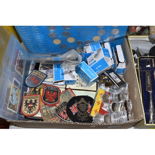 939 - THREE BOXES OF MISCELLANEOUS SUNDRIES to include a assorted vintage sew-on badges from various Europ... 