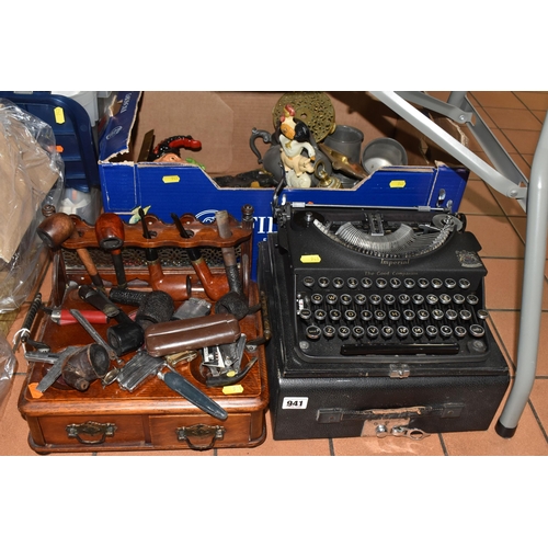 941 - ONE BOX AND LOOSE MIXED SUNDIRES to include a cased Imperial typewriter, a pipe stand with a collect... 