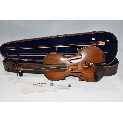 946 - A VIOLIN WITH FITTED WOODEN CASE, a late 19th century violin, possibly French, stamped 'A.S'. Below ... 