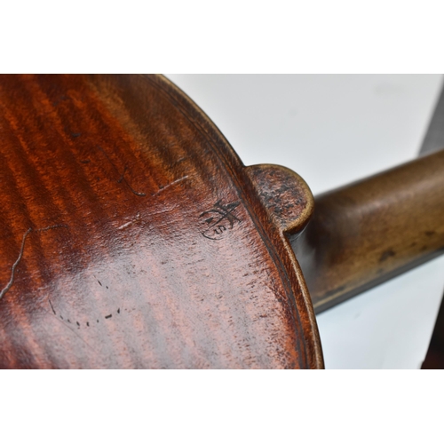 946 - A VIOLIN WITH FITTED WOODEN CASE, a late 19th century violin, possibly French, stamped 'A.S'. Below ... 