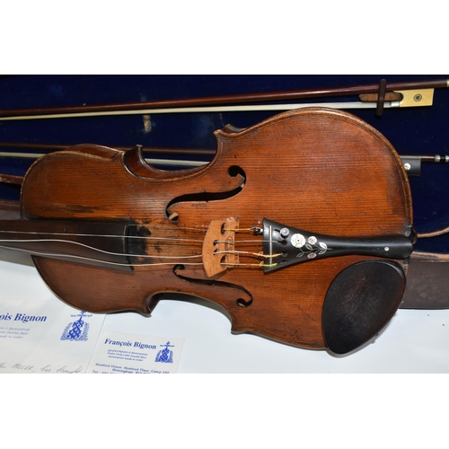 946 - A VIOLIN WITH FITTED WOODEN CASE, a late 19th century violin, possibly French, stamped 'A.S'. Below ... 