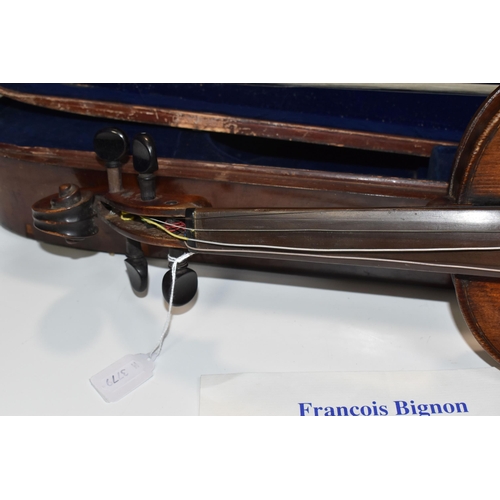 946 - A VIOLIN WITH FITTED WOODEN CASE, a late 19th century violin, possibly French, stamped 'A.S'. Below ... 