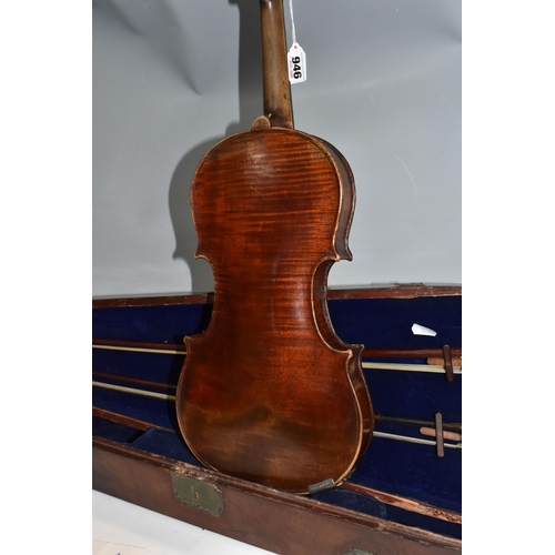 946 - A VIOLIN WITH FITTED WOODEN CASE, a late 19th century violin, possibly French, stamped 'A.S'. Below ... 