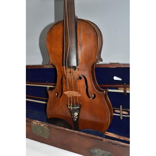 946 - A VIOLIN WITH FITTED WOODEN CASE, a late 19th century violin, possibly French, stamped 'A.S'. Below ... 