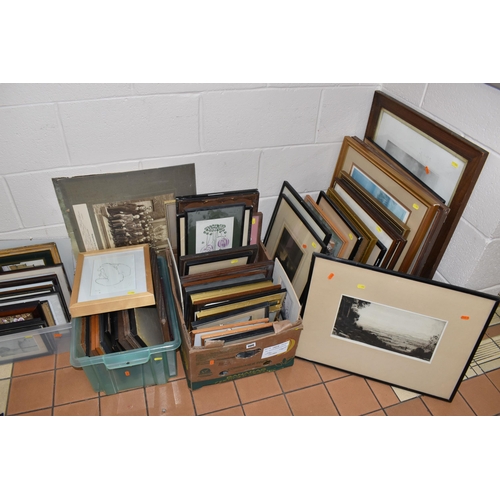 986 - THREE BOXES AND LOOSE ASSORTED PRINTS ETC, to include an etching by John G. Mathieson depicting a la... 