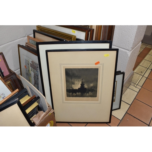 986 - THREE BOXES AND LOOSE ASSORTED PRINTS ETC, to include an etching by John G. Mathieson depicting a la... 