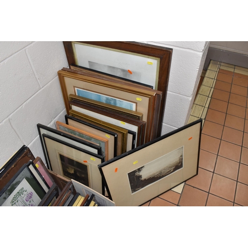 986 - THREE BOXES AND LOOSE ASSORTED PRINTS ETC, to include an etching by John G. Mathieson depicting a la... 