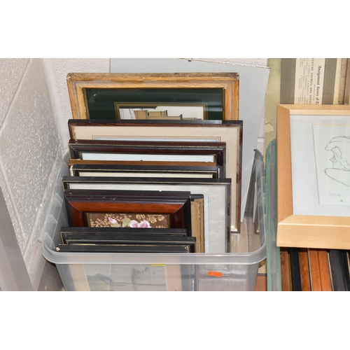 986 - THREE BOXES AND LOOSE ASSORTED PRINTS ETC, to include an etching by John G. Mathieson depicting a la... 