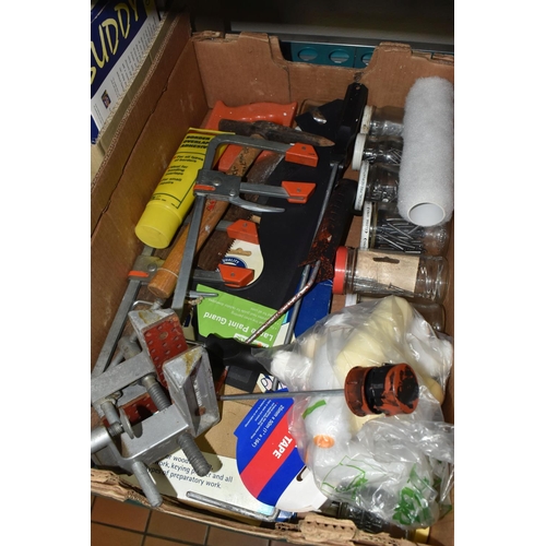 920 - TWO BOXES AND LOOSE SLEDGE, TOOLS AND SUNDRY ITEMS, to include a wooden sledge, a CD rack in the for... 