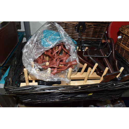 920 - TWO BOXES AND LOOSE SLEDGE, TOOLS AND SUNDRY ITEMS, to include a wooden sledge, a CD rack in the for... 