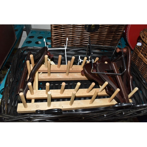 920 - TWO BOXES AND LOOSE SLEDGE, TOOLS AND SUNDRY ITEMS, to include a wooden sledge, a CD rack in the for... 