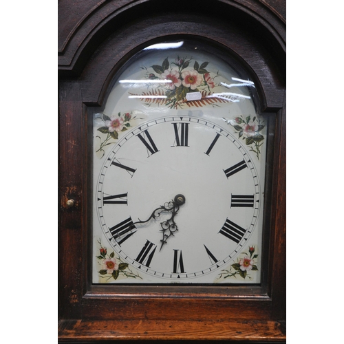 156 - A GEORGIAN OAK CASED 30 HOUR LONGCASE CLOCK, with twin scrolled pediment, the arched glass door encl... 