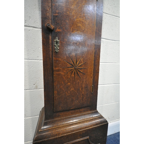 156 - A GEORGIAN OAK CASED 30 HOUR LONGCASE CLOCK, with twin scrolled pediment, the arched glass door encl... 