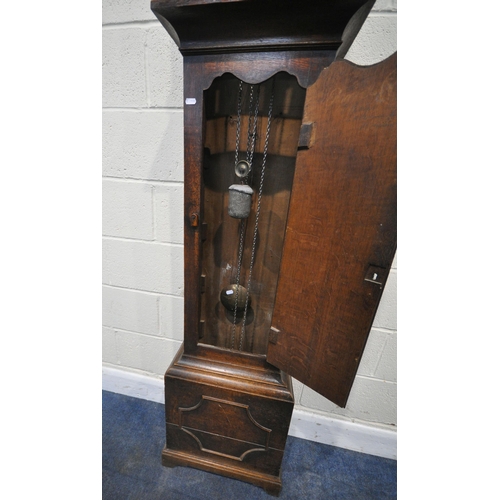 156 - A GEORGIAN OAK CASED 30 HOUR LONGCASE CLOCK, with twin scrolled pediment, the arched glass door encl... 