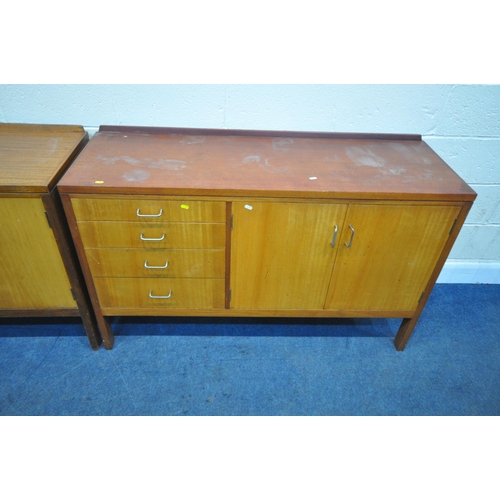 163 - TWO MID-CENTURY AFROMOSIA AND SATINWOOD SIDEBOARDS, each fitted with double cupboard doors, and four... 