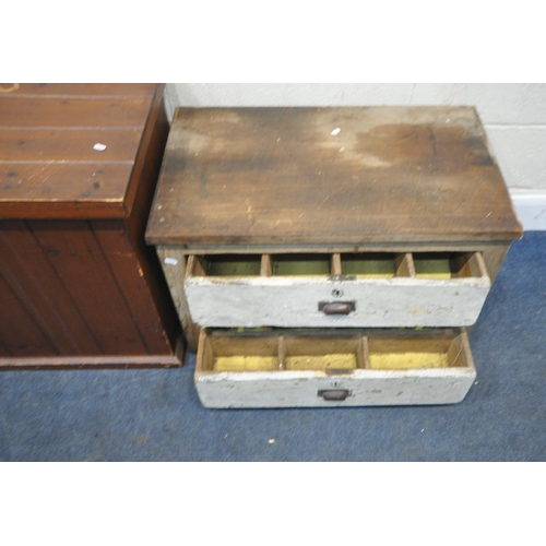 169 - A PINE LIDDED STORAGE CHEST, with twin handles, width 90cm x depth 50cm x height 60cm, along with a ... 