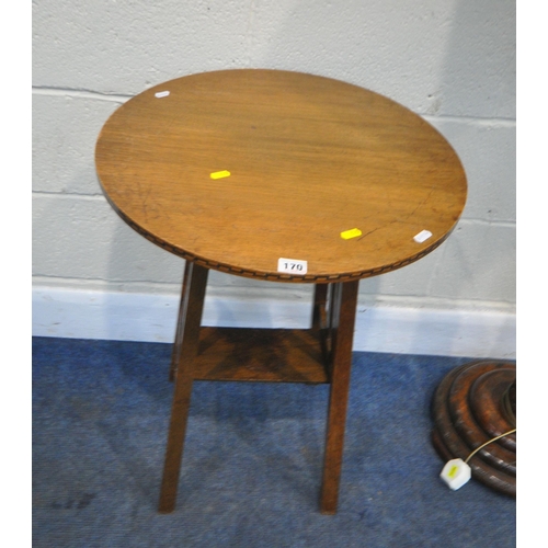 170 - AN ARTS AND CRAFTS OAK CIRCULAR OCCASIONAL TABLE, with parquetry inlay to the edge and sides, raised... 