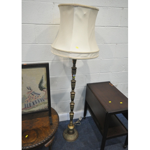 182 - AN INDIAN BRASS STANDARD LAMP, with various pressed details, height to fitting 145cm, a drop leaf tr... 