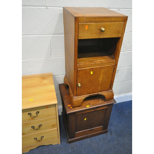 183 - A 20TH CENTURY OAK WALL HANGING CORNER CUPBOARD, width 89cm x depth 49cm x height 100cm, a pine four... 