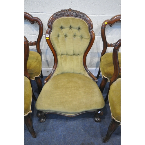 185 - A VICTORIAN MAHOGANY SPOON BACK CHAIR, with buttoned backrest, raised on front cabriole legs, width ... 