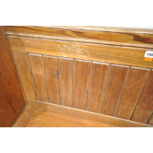 186 - A 20TH CENTURY PINE PEW, with brass handles and numbers, one side reading 10, the other 74, width 13... 