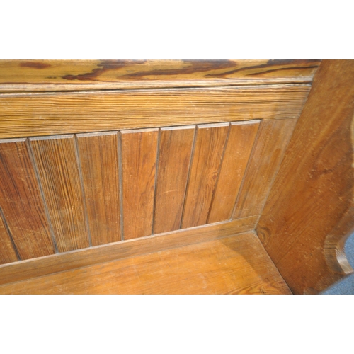 186 - A 20TH CENTURY PINE PEW, with brass handles and numbers, one side reading 10, the other 74, width 13... 