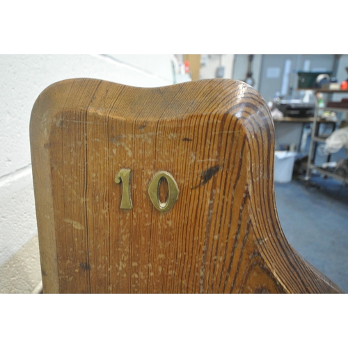 186 - A 20TH CENTURY PINE PEW, with brass handles and numbers, one side reading 10, the other 74, width 13... 