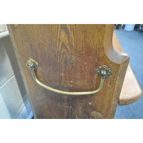 186 - A 20TH CENTURY PINE PEW, with brass handles and numbers, one side reading 10, the other 74, width 13... 