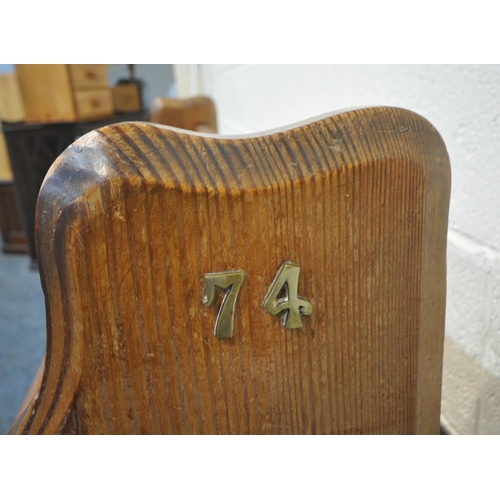 186 - A 20TH CENTURY PINE PEW, with brass handles and numbers, one side reading 10, the other 74, width 13... 