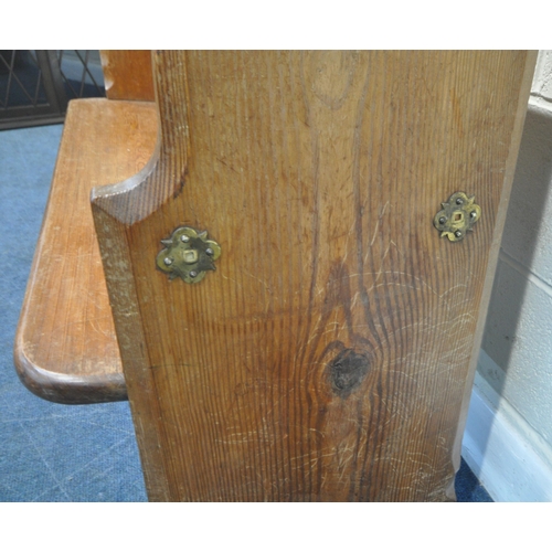 186 - A 20TH CENTURY PINE PEW, with brass handles and numbers, one side reading 10, the other 74, width 13... 