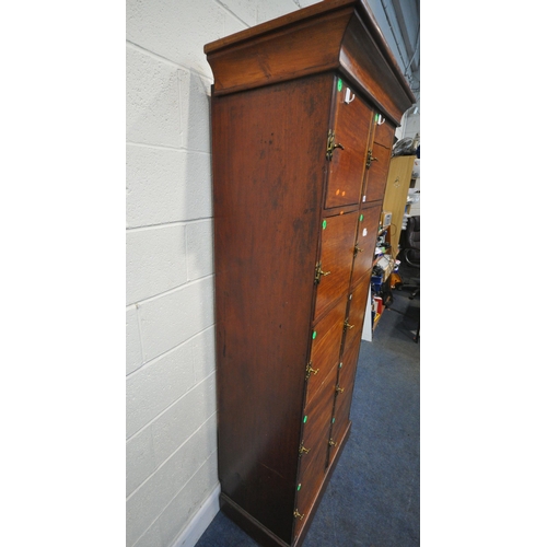 187 - AN EARLY 20TH CENTURY MAHOGANY LOCKER CABINET, fitted with ten cupboard doors, width 100cm x depth 5... 