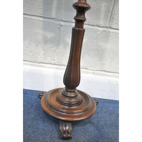 195 - A 19TH CENTURY ROSEWOOD POLE SCREEN, of a fluted form, on a dished base, with three legs, with a lat... 