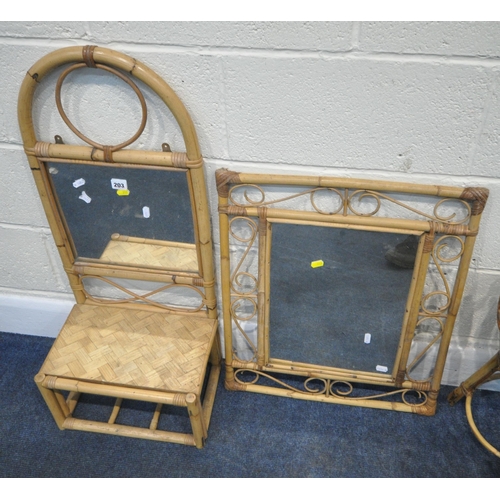 203 - A SELECTION OF WICKER OCCASIONAL FURNITURE, to include a mirror with a shelf, another mirror, two pl... 